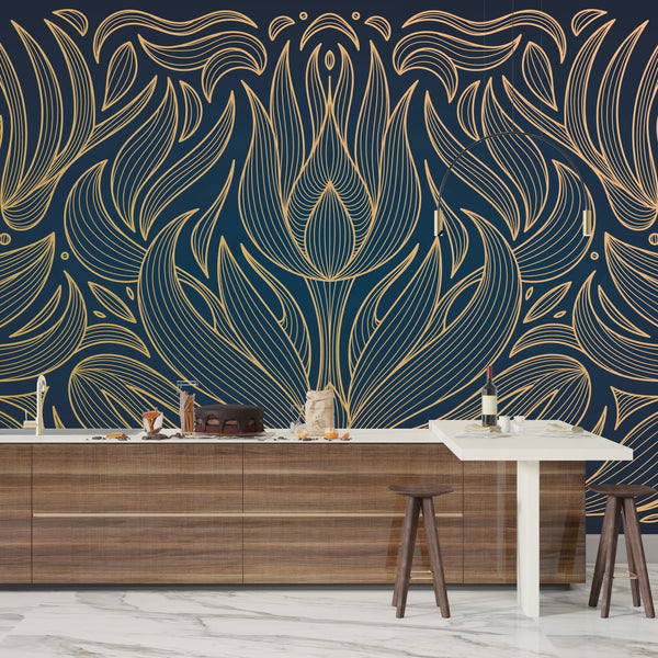 Art Deco Wallpaper, Wavy Flower Mural, Oversized Custom Size Wall Art, Non-Woven, Non-Adhesive, Modern Wall Paper, Removable