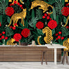 Leopards and Red Roses Wallpaper, Seamless Pattern Mural, Oversized Custom Size Wall Art, Non-Woven, Non-Adhesive, Modern Wall Paper, Removable