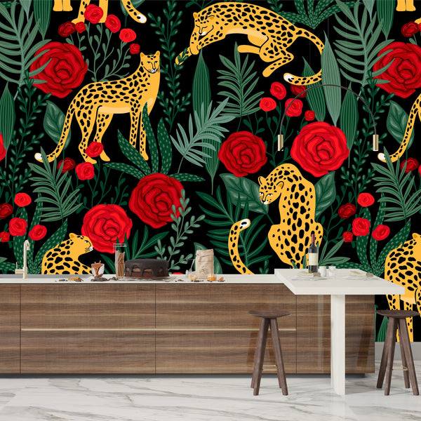 Leopards and Red Roses Wallpaper, Seamless Pattern Mural, Oversized Custom Size Wall Art, Non-Woven, Non-Adhesive, Modern Wall Paper, Removable