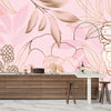 Luxury Golden, Pink Wallpaper, Tropical Flower Mural, Oversized Custom Size Wall Art, Non-Woven, Non-Adhesive, Modern Wall Paper, Removable