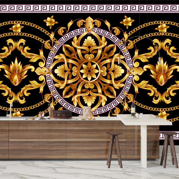 Border with Golden Baroque Wallpaper, Black Background Mural, Oversized Custom Size Wall Art, Non-Woven, Non-Adhesive, Modern Wall Paper, Removable
