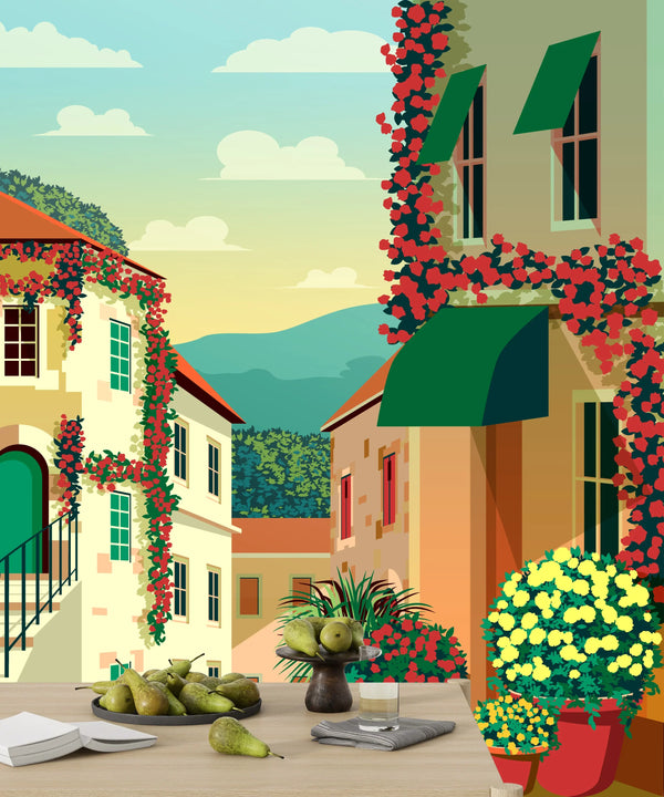 Village Square Wallpaper, Traditional Houses Mural, Oversized Custom Size Wall Art, Non-Woven, Non-Adhesive, Modern Wall Paper, Removable