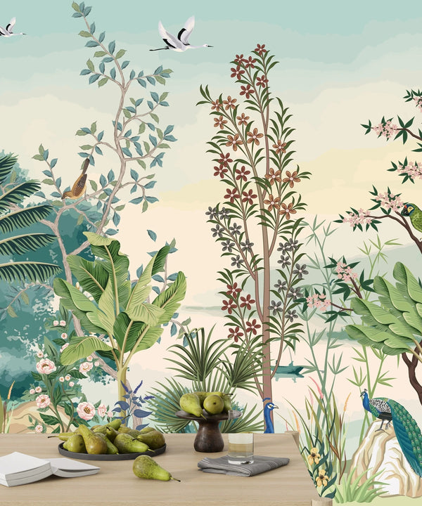 Chinoiserie Wallpaper, Floral Trees and Birds Mural, Oversized Custom Size Wall Art, Non-Woven, Non-Adhesive, Modern Wall Paper, Removable