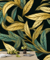 Gold and Light Green Leaves Wallpaper, Seamless Pattern Mural, Oversized Custom Size Wall Art, Non-Woven, Non-Adhesive, Modern Wall Paper, Removable