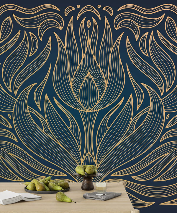 Art Deco Wallpaper, Wavy Flower Mural, Oversized Custom Size Wall Art, Non-Woven, Non-Adhesive, Modern Wall Paper, Removable