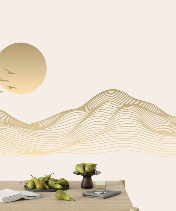 Abstract Gold Landscape Wallpaper, Mountain and Birds Mural, Oversized Custom Size Wall Art, Non-Woven, Non-Adhesive, Modern Wall Paper, Removable