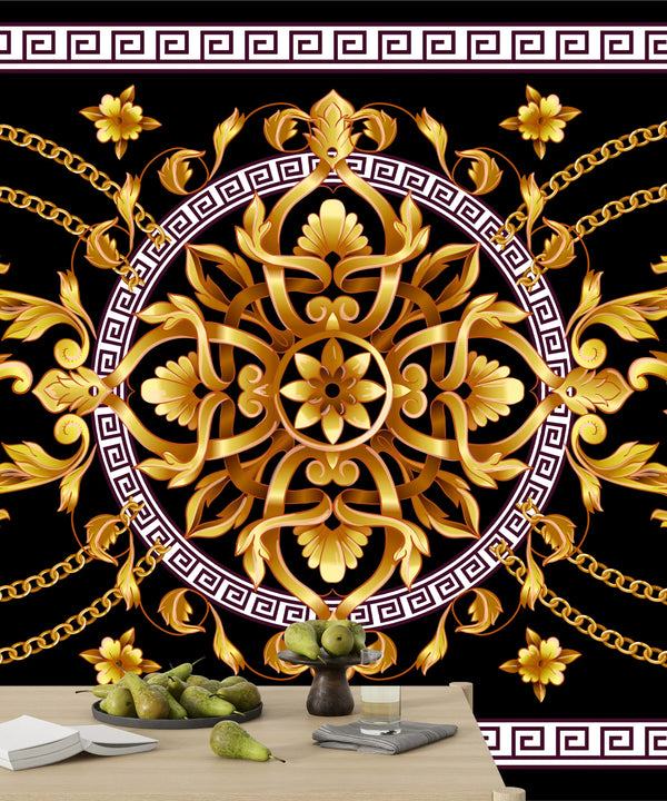 Border with Golden Baroque Wallpaper, Black Background Mural, Oversized Custom Size Wall Art, Non-Woven, Non-Adhesive, Modern Wall Paper, Removable