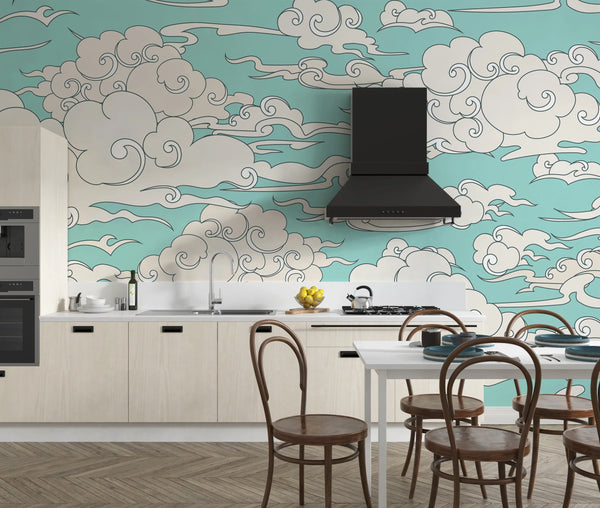Clouds, Blue Background Wallpaper, Seamless Pattern Mural, Oversized Custom Size Wall Art, Non-Woven, Non-Adhesive, Modern Wall Paper, Removable