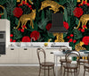 Leopards and Red Roses Wallpaper, Seamless Pattern Mural, Oversized Custom Size Wall Art, Non-Woven, Non-Adhesive, Modern Wall Paper, Removable