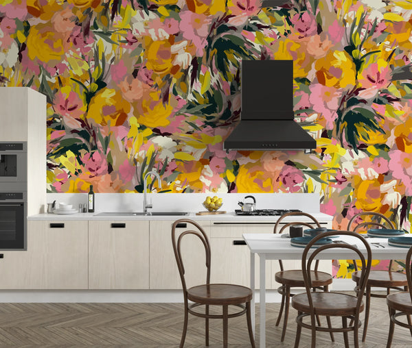 Oil Painted Floral Wallpaper, Seamless Pattern Mural, Oversized Custom Size Wall Art, Non-Woven, Non-Adhesive, Modern Wall Paper, Removable