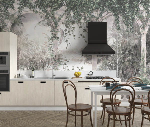 White Arch Wallpaper, Tropical Leaves, Vines Mural, Oversized Custom Size Wall Art, Non-Woven, Non-Adhesive, Modern Wall Paper, Removable