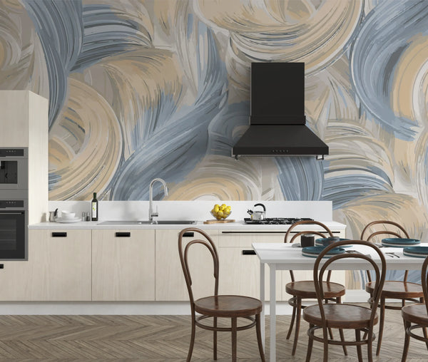 Abstract Blue and Beige Wallpaper, Seamless Pattern Mural, Oversized Custom Size Wall Art, Non-Woven, Non-Adhesive, Modern Wall Paper, Removable