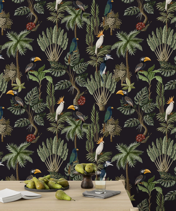 Exotic Plants and Birds Wallpaper, Forest Mural, Oversized Custom Size Wall Art, Non-Woven, Non-Adhesive, Modern Wall Paper, Removable