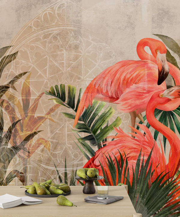 Pink Flamingos Wallpaper, Tropical Plants Mural, Oversized Custom Size Wall Art, Non-Woven, Non-Adhesive, Modern Wall Paper, Removable