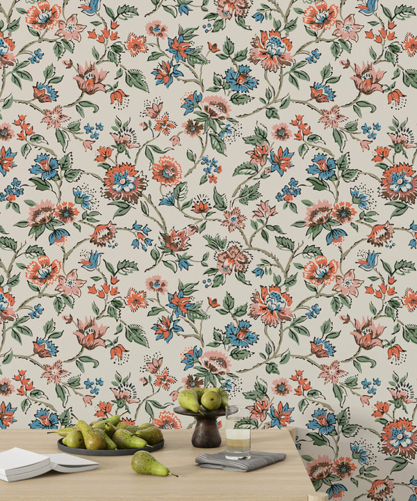 Vintage Flowers Wallpaper, Ethnic Mural, Oversized Custom Size Wall Art, Non-Woven, Non-Adhesive, Modern Wall Paper, Removable