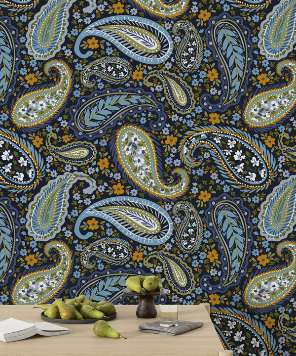 Indian Floral Pattern Wallpaper, Dark Background Mural, Oversized Custom Size Wall Art, Non-Woven, Non-Adhesive, Modern Wall Paper, Removable