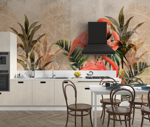Pink Flamingos Wallpaper, Tropical Plants Mural, Oversized Custom Size Wall Art, Non-Woven, Non-Adhesive, Modern Wall Paper, Removable