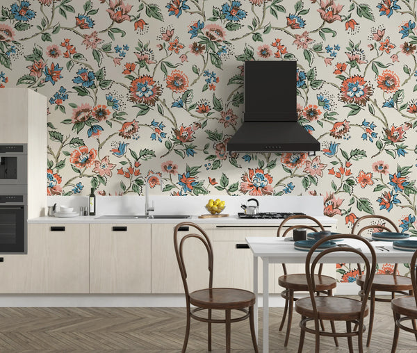 Vintage Flowers Wallpaper, Ethnic Mural, Oversized Custom Size Wall Art, Non-Woven, Non-Adhesive, Modern Wall Paper, Removable