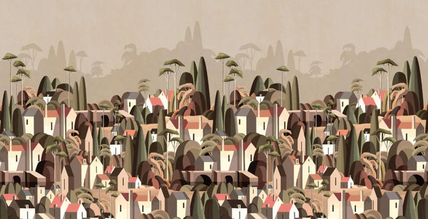 Landscape Wall Mural Houses Cityscape Stylish Wallpaper, Light Beige Oversized Custom Size Wall Covering, Non-Woven, Non-Adhesive, Modern Large Art - Walloro High End Wallcoverings & More