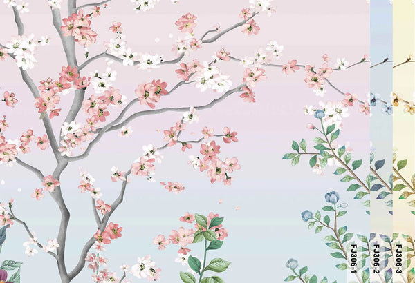 Large Chinoiserie Blossom Floral Wallpaper, Pink Ombre Flowers Birds Wall Mural, Custom Size Wall Covering, Non-Woven, Non-Pasted, Removable - Walloro High End Wallcoverings & More