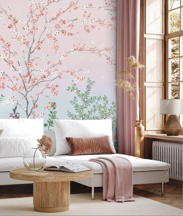 Large Chinoiserie Blossom Floral Wallpaper, Pink Ombre Flowers Birds Wall Mural, Custom Size Wall Covering, Non - Woven, Non - Pasted, Removable - Adawall Wallpaper - Registered Trade Accounts Only, Wallpaper Wholesale Account - FJ306-1 - Adawall Wholesale - Wallpaper Wholesaler