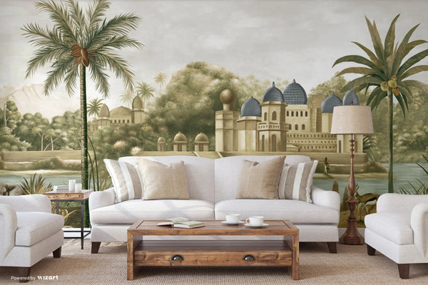 Large Tropical Indian Theme Wall Mural, India Early Morning Wallpaper, Blue Customized Wall Covering, Non - Woven, Non - Pasted, Washable, Removable - Adawall Wallpaper - Registered Trade Accounts Only, Wallpaper Wholesale Account - FJ311-2 - Adawall Wholesale - Wallpaper Wholesaler