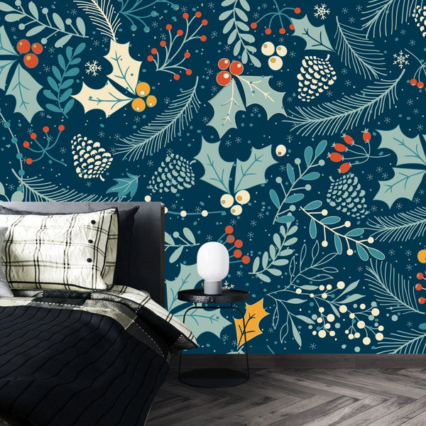 Leaves and Berries, Dark Blue Background Wallpaper, Seamless Pattern Mural, Oversized Custom Size Wall Art, Non - Woven, Non - Adhesive, Modern Wall Paper, Removable - Adawall Wallpaper - Registered Trade Accounts Only, Wallpaper Wholesale Account - W78034 - Adawall Wholesale - Wallpaper Wholesaler