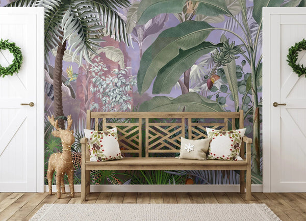 Leopard Jungle Wall Mural, Green Tropical Parrot Wall Mural, Kids Room, Nursery, Non - Pasted, Extra Large Wall Print, Removable, Forest, Palm Trees - Adawall Wallpaper - Registered Trade Accounts Only, Wallpaper Wholesale Account - A309-1 - Adawall Wholesale - Wallpaper Wholesaler