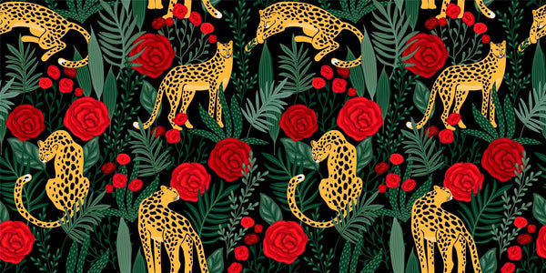 Leopards and Red Roses Wallpaper, Seamless Pattern Mural, Oversized Custom Size Wall Art, Non - Woven, Non - Adhesive, Modern Wall Paper, Removable - Adawall Wallpaper - Registered Trade Accounts Only, Wallpaper Wholesale Account - W78038 - Adawall Wholesale - Wallpaper Wholesaler