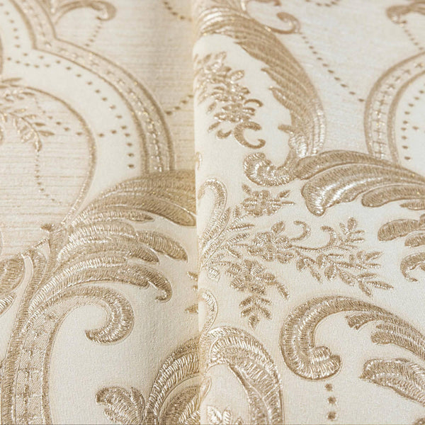 Light Beige, Gold Luxury 3D Damask Wallpaper, Premium Sparkling Velvet Feeling Flocked Wallcovering - Walloro High End Wallcoverings & More