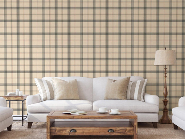 Light Beige Large Plaid Textured Wallpaper, Tartan Fabric Pattern Classical Modern Non-Pasted Wallcovering - Walloro High End Wallcoverings & More