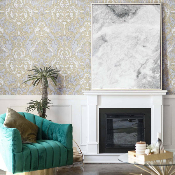 Light Blue, Gold Luxury 3D Damask Wallpaper, Premium Sparkling Velvet Feeling Flocked Wallcovering - Adawall Wallpaper - Registered Trade Accounts Only, Wallpaper Wholesale Account - 1002-2 - Adawall Wholesale - Wallpaper Wholesaler