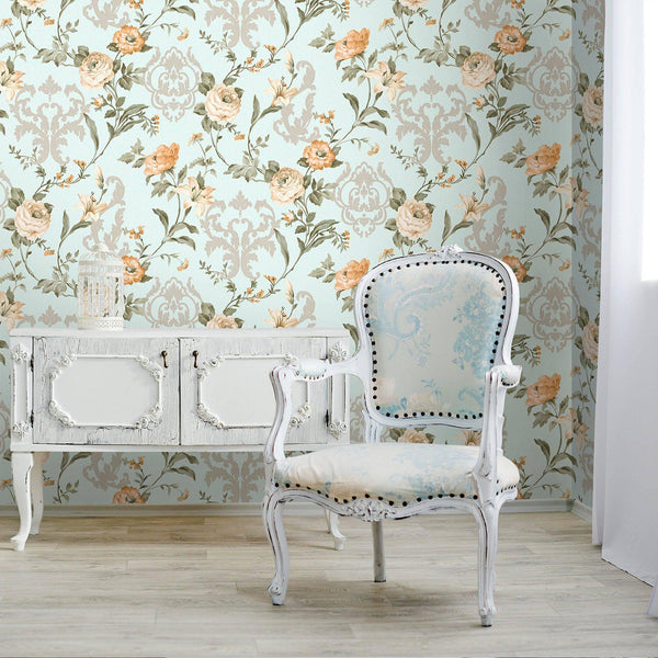 Light Blue Timeless Floral Embossed Rose Wallpaper, Flocked Vivid Color Rose Flowers Pattern - Adawall Wallpaper - Registered Trade Accounts Only, Wallpaper Wholesale Account - 7803-2 - Adawall Wholesale - Wallpaper Wholesaler