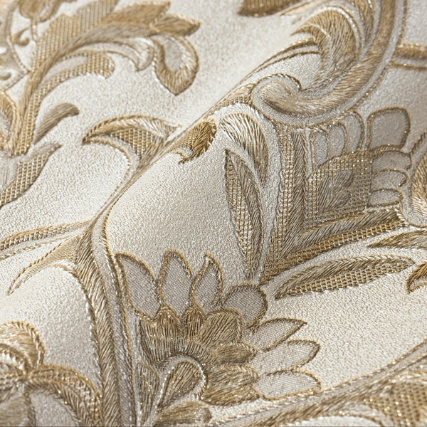 Light Gray, Gold Timeless Ornate Embossed Wallpaper, Fabric Like Rich Textured Luxury Wallcovering Design - Walloro High End Wallcoverings & More