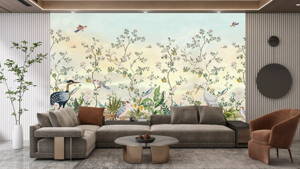 Blossom Trees Wallpaper, Chinoiserie Mural, Oversized Custom Size Wall Art, Non-Woven, Non-Adhesive, Modern Wall Paper, Removable