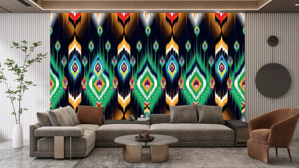 Ikat Ethnic Wallpaper, Abstract Mexican Mural, Oversized Custom Size Wall Art, Non-Woven, Non-Adhesive, Modern Wall Paper, Removable