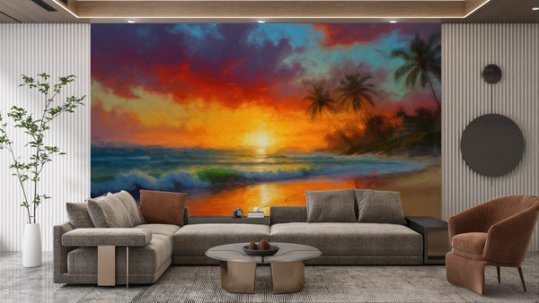 Tropical Beach, Golden Hour Wallpaper, Oil Painting Mural, Oversized Custom Size Wall Art, Non-Woven, Non-Adhesive, Modern Wall Paper, Removable