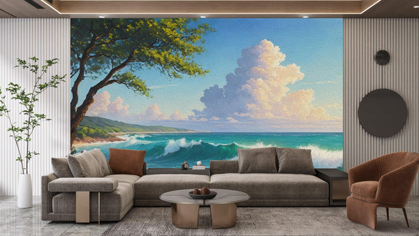 Beautiful Sea Waves and Tree Wallpaper, Oil Painting Mural, Oversized Custom Size Wall Art, Non-Woven, Non-Adhesive, Modern Wall Paper, Removable