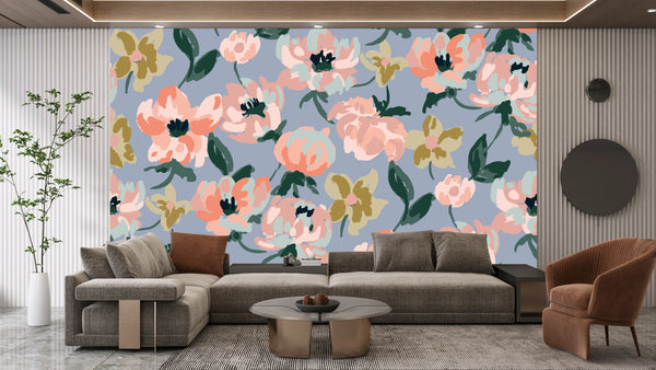 Abstract Floral, Blue Background Wallpaper, Seamless Pattern Mural, Oversized Custom Size Wall Art, Non-Woven, Non-Adhesive, Modern Wall Paper, Removable