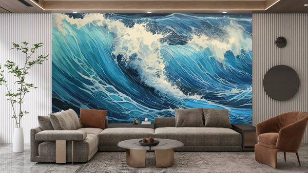 Big Wave in a Raging Sea Wallpaper, Oil Painting Mural, Oversized Custom Size Wall Art, Non-Woven, Non-Adhesive, Modern Wall Paper, Removable