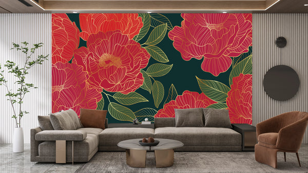 Red Peonies Wallpaper, Luxurious Gold Mural, Oversized Custom Size Wall Art, Non-Woven, Non-Adhesive, Modern Wall Paper, Removable