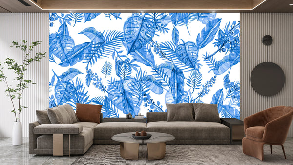 Blue Tropic Plants Wallpaper, Aquamarine Tropical Mural, Oversized Custom Size Wall Art, Non-Woven, Non-Adhesive, Modern Wall Paper, Removable