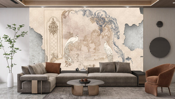 Baroque With Birds Wallpaper, Classic Style Mural, Oversized Custom Size Wall Art, Non-Woven, Non-Adhesive, Modern Wall Paper, Removable