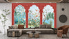 Traditional Mughal Garden Wallpaper, Peacock, Red Arch Mural, Oversized Custom Size Wall Art, Non-Woven, Non-Adhesive, Modern Wall Paper, Removable