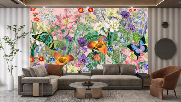 Aesthetic Wildflower Wallpaper, Botanical Mural, Oversized Custom Size Wall Art, Non-Woven, Non-Adhesive, Modern Wall Paper, Removable