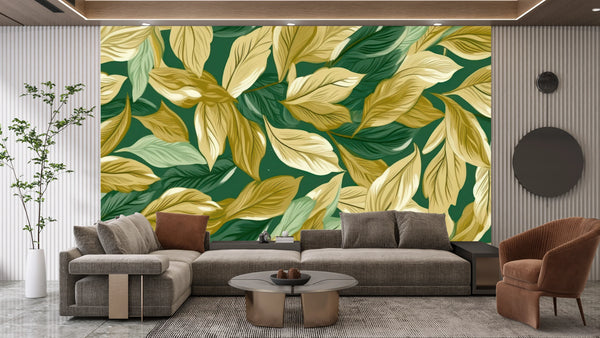 Gold and Light Green Small Leaves Wallpaper, Seamless Pattern Mural, Oversized Custom Size Wall Art, Non-Woven, Non-Adhesive, Modern Wall Paper, Removable