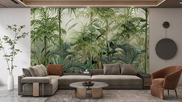 Green Trees Wallpaper, Tropical Wall Mural, Oversized Custom Size Wall Art, Non-Woven, Non-Adhesive, Modern Wall Paper, Removable