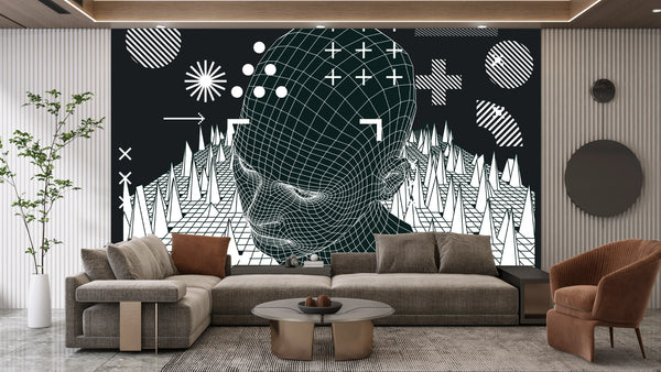 3D Human Head Wallpaper, Retro Futuristic Mural, Oversized Custom Size Wall Art, Non-Woven, Non-Adhesive, Modern Wall Paper, Removable