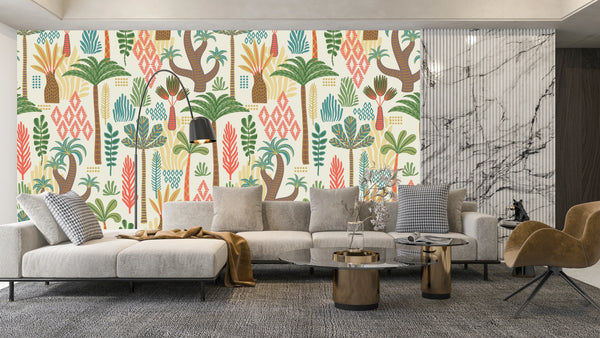 Ethnic Tropical Wallpaper, Seamless Pattern Mural, Oversized Custom Size Wall Art, Non-Woven, Non-Adhesive, Modern Wall Paper, Removable