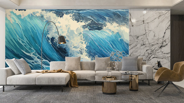 Big Wave in a Raging Sea Wallpaper, Oil Painting Mural, Oversized Custom Size Wall Art, Non-Woven, Non-Adhesive, Modern Wall Paper, Removable